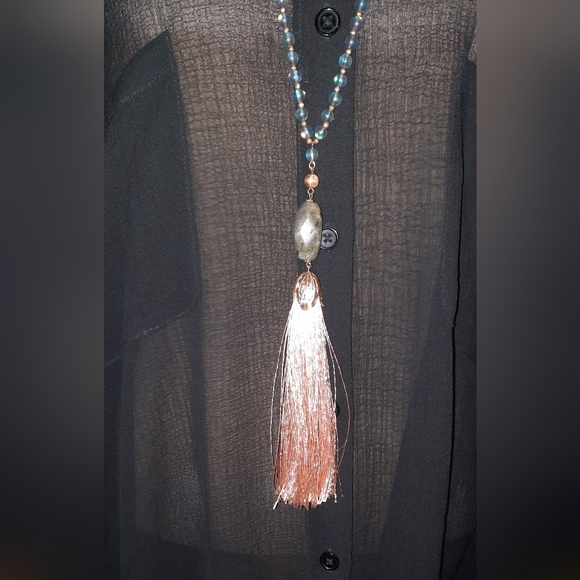 Labradorite, frosted glass gemstone tassel necklace wood beads adjustable signed - Picture 3 of 15